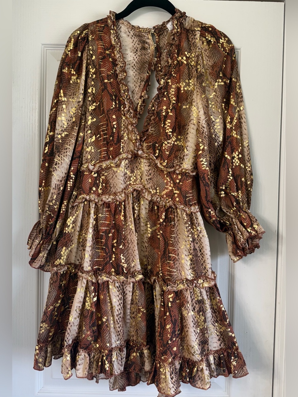 Vestique Women's Brown Metallic Ruffle Tiered Dress